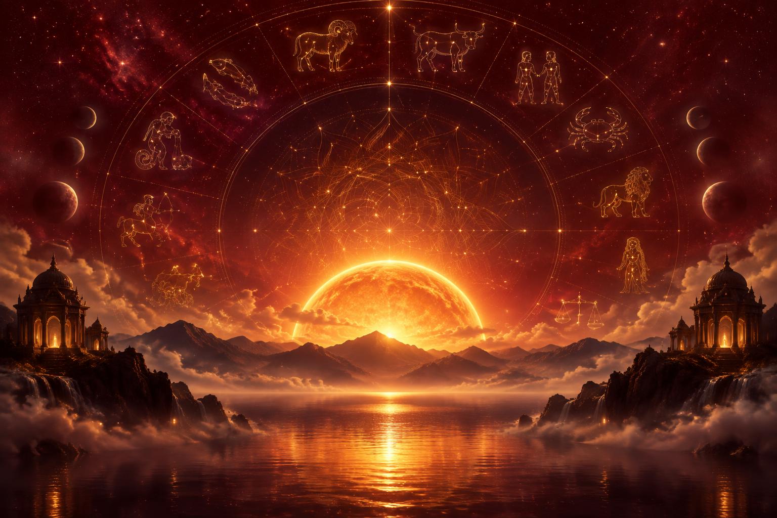 Golden zodiac constellations over a maroon sky